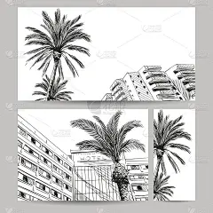 度假村手绘草图，横幅元素设计。矢量图