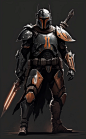 One Male Character, Star Wars Mandalorian, Black and Orange Armour, Sword, Full Body, White Background, Concept Art, Cinematic, Dark, 2D, 4k, Powerful, Natural Lighting