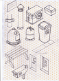 Chaos Sketch : Sketches on a isometric reticle paper! Dont like the lines when im drawin, but in this case the paper helped too much, without the lines would be impossible. I was 2 months just thinking about things you can find in a city, and trying to dr