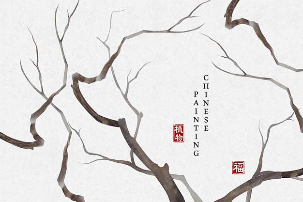 中国风水墨枯树枝插画