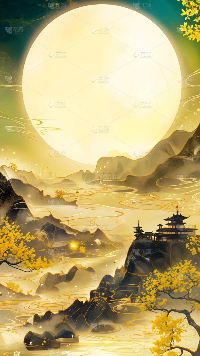 中秋节系列中国风山水月亮场景通用背景素材素材-花瓣网