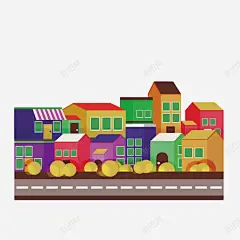卡通彩色乡村公路建筑群高清素材 png 设计图片 免费下载 页面网页 平面电商 创意素材 png素材