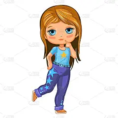 可爱的小女孩穿着缀满星星的牛仔裤。开朗风趣的孩子心情好。白色背景上的孤立物体。穿着沙滩装的婴儿。卡通