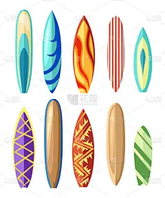 矢量冲浪板插画在平面样式设计分离白色背景色冲浪板上设置。海的极限运动模式。矢量图
