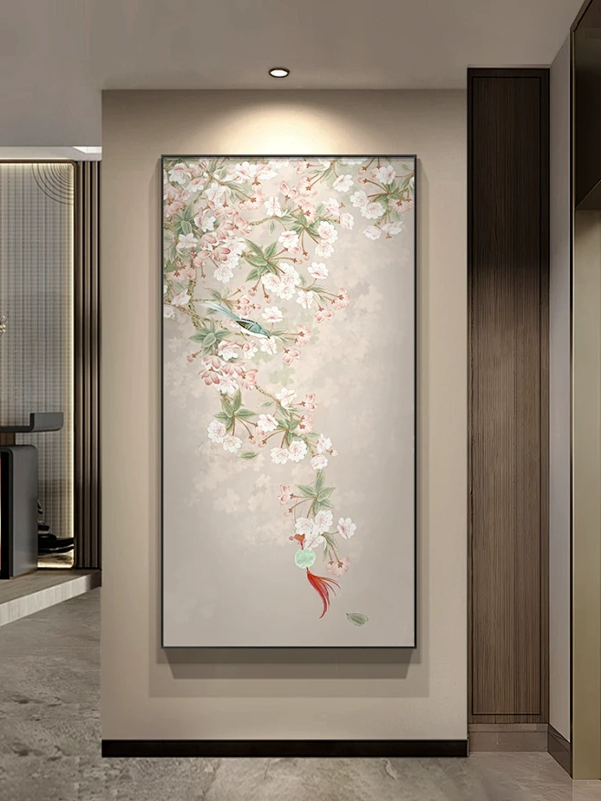鹊上枝头入户玄关装饰画竖版新中式禅意走廊过道挂画花鸟茶室壁画-淘宝网-花瓣网