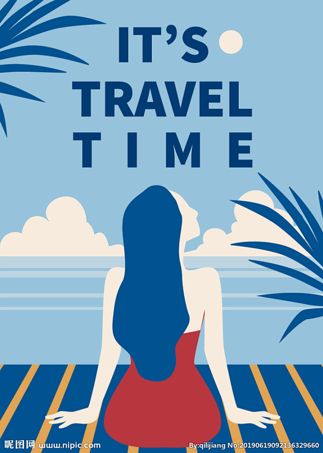 设计扁平风人物海滩高清女性化海报女性旅行插画人物沙滩扁平化画ppt