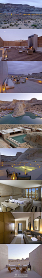 安缦吉吉度假村 / Amangiri Luxury Resort Hotel 酒店占地面积600英亩，共34间套房，房间内家具均由生牛皮制成，透过房间的窗户，美国南部特有的陡峭荒山、石灰岩和包威尔湖畔的荒凉山谷都可以尽收眼底。