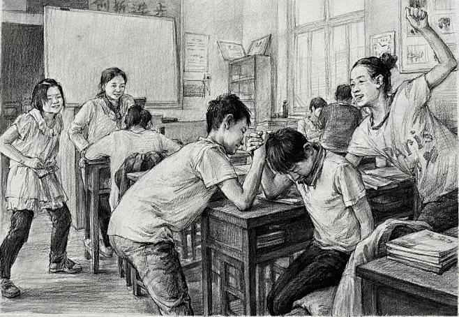 命题场景速写教室一角，课间休息，课间打闹...