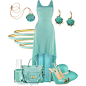 "Turquoise & Caicos" is the name of the Essie nail polish, while "Turn the Tides" is printed on the Kate Spade idiom bangles. Seashell jewelry and soft aqua-mint unify this set, which features a "BeFree" hi-low dress, swe