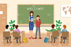 欢迎新的学童矢量插图。女老师给同学们介绍卡通人物。同学们坐在课桌前，听老师讲学生讲学生