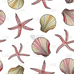 彩色海贝和海星无缝图案。手绘矢量图的水下贝壳和海星。航海的米色和粉色元素被隔离在白色背景上，用于卡片
