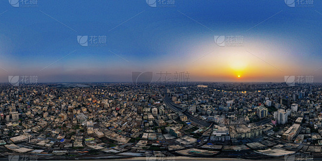 360°空中达卡城市景观日落时间