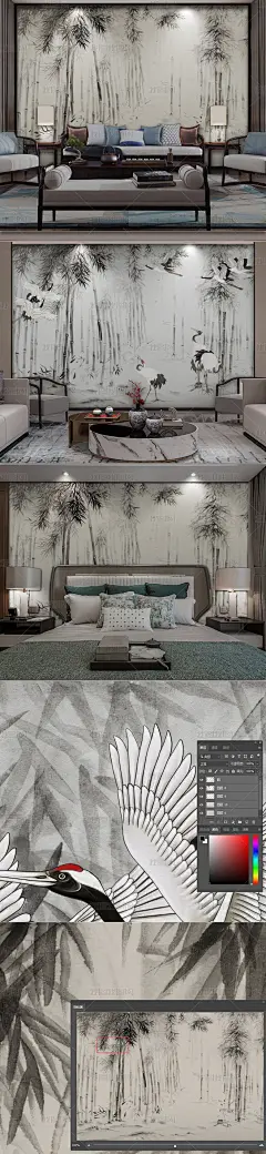 新中式手绘水墨仙鹤背景墙