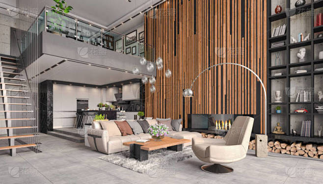 3D展示一个现代化的阁楼-明亮的客厅，有...