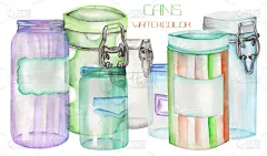 用罐和玻璃罐里的插图。画一幅水彩画手绘.