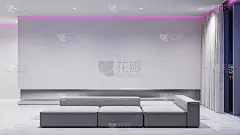 现代极简白色室内，配有沙发和夜间照明。3d渲染插图模型。