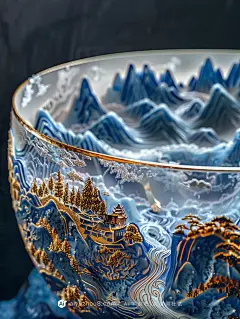 【ai宇宙吧】中国文化琉璃陶瓷玻璃金金镶玉立体微缩景观碗背景Midjourney描述关键词咒语：