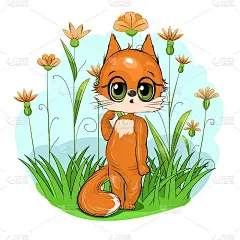 小狐狸。猫幼崽。可爱有趣的动物在一个夏天盛开的草地的背景。的孩子。卡通风格。孤立在白色的。向量