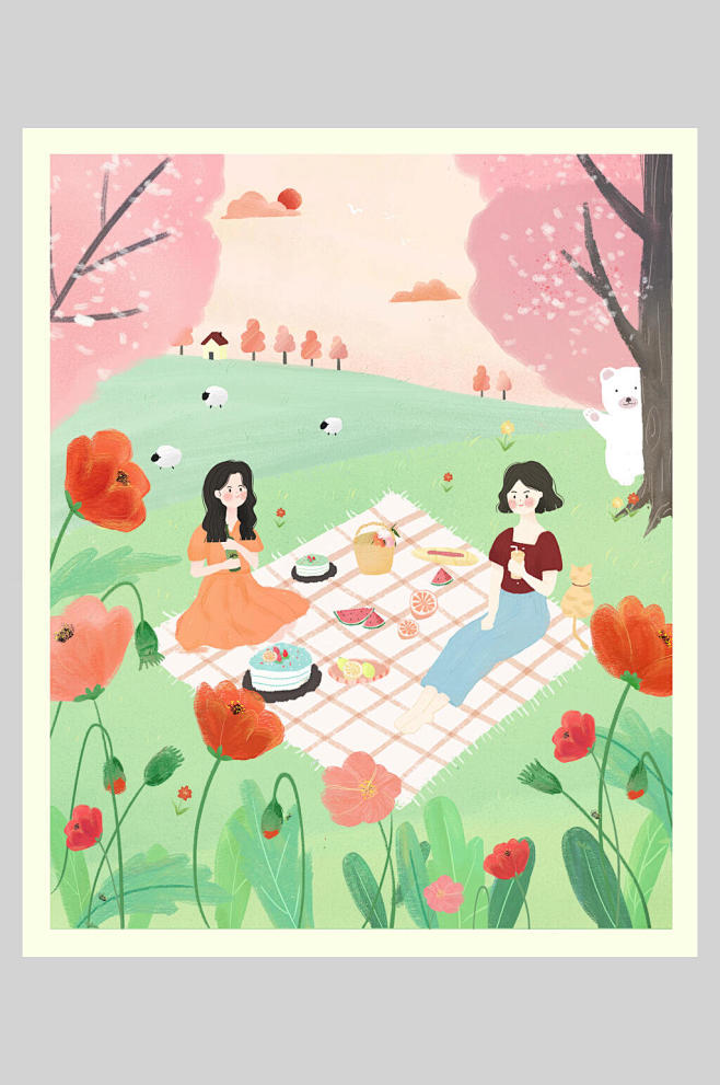 野餐立春插画素材海报-众图网