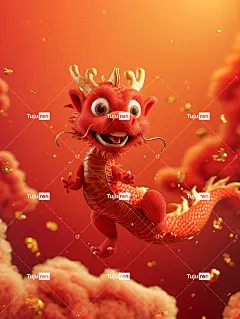 一个红色逗人喜爱和愉快的中国龙的3D浮雕祥云海报