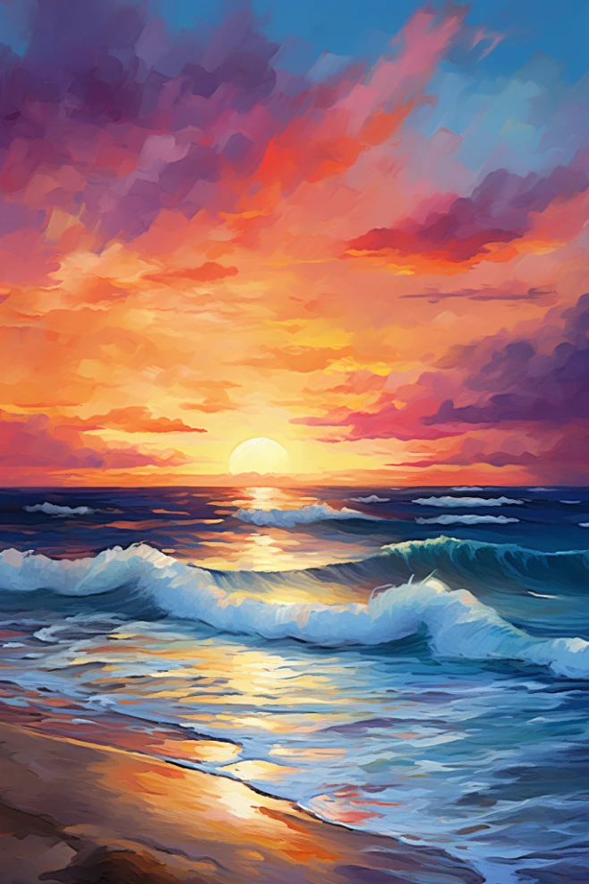 海洋天空火烧云油画风海边晚霞风景插画图片-花瓣网