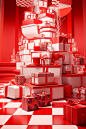 a empty red background, red and white checkered floor on a red background, in the style of light white and white, piles/stacks, associated press photo, organic sculpting, organized chaos