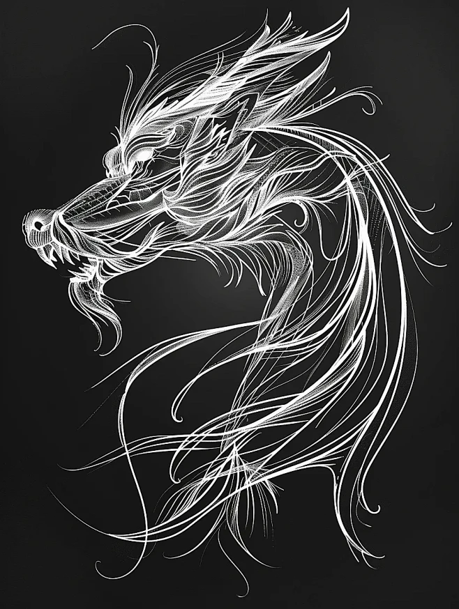 中国龙头的侧面，黑底白线绘制，呈载体插图...