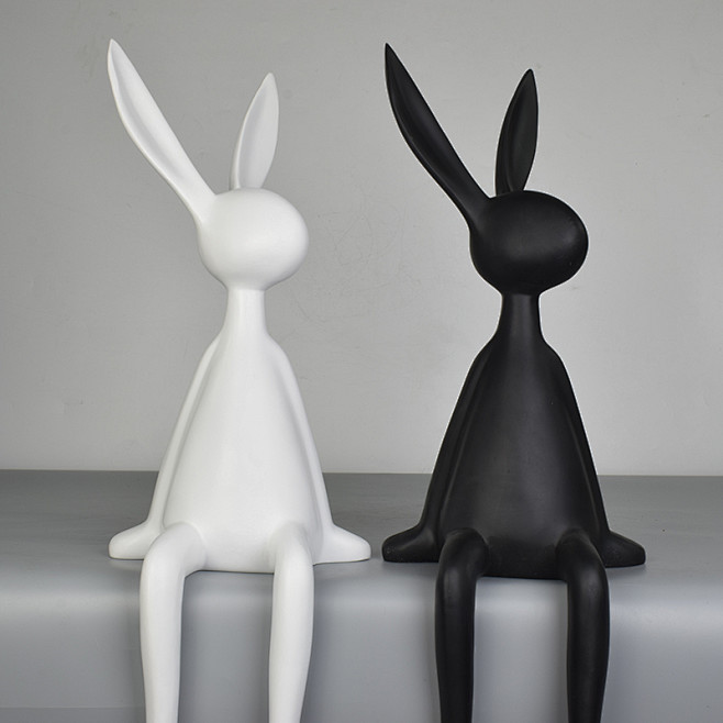 极简黑白长耳朵兔子雕塑摆件样板间客厅电视...
