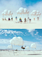 NO.415 装置艺术｜“云朵秋千” : “云朵”作为童心守护者，在小朋友出没的游乐园随处可见。但大人的世界里连云朵都变少了。   这也许就是“云朵秋千”在2019年火人节获得最佳艺术装置的原因吧。 云朵秋千由艺术家 Lindsay Glat