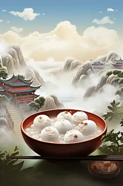 AI数字艺术国潮元宵节汤圆山水插画