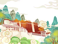 彩色手绘卡通国潮著名建筑布达拉宫祥云树木元素PNG素材