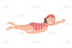 小女孩在泳池里游泳，可爱的孩子游泳人物在红色条纹泳衣和帽子在课堂上训练，健康的生活方式，水活动概念卡
