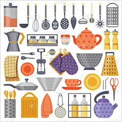 Kitchenware and Cooking Tool Flat Elements Set