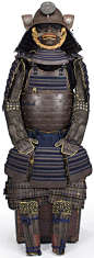 Armor by Saotome Ietada, Edo period, circa 1690-1720, do, helmet and menpo in russet iron, accentuated with matching-russet lacquer components laced in blue kiritsuke lacing, sixty-two plate suji kabuto   bowl signed [ ] shu ju Saotome Ietada, silvered dr