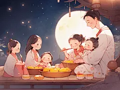 中秋满月一家人吃团圆饭赏月插画卡通唯美手绘可爱古风插画壁纸