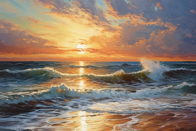 海洋天空火烧云油画风海边晚霞风景插画图片-花瓣网