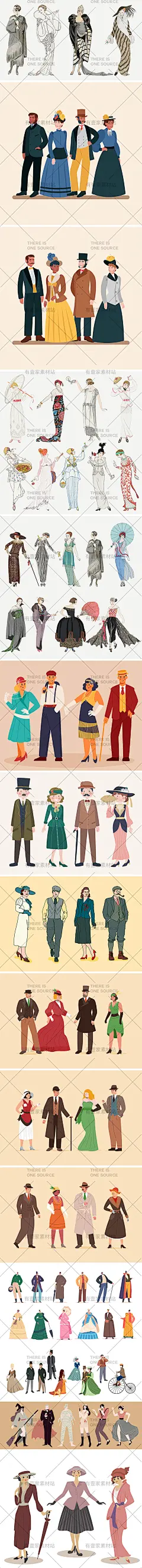 手绘欧美20世纪复古装扮打扮男女模特人物装饰插画AI矢量设计素材-淘宝网