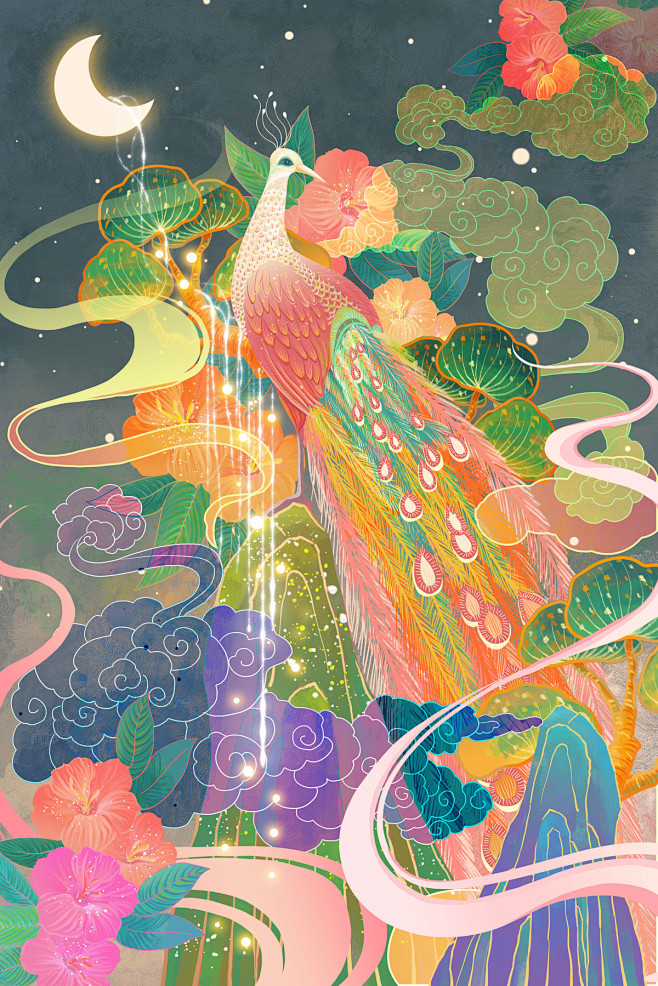 国潮风·孔雀_莫醒__插画师作品_涂鸦王...