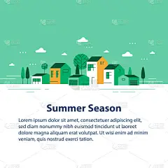 小城镇的夏天，小村子的景色，一排排的住宅，美丽的绿色街区