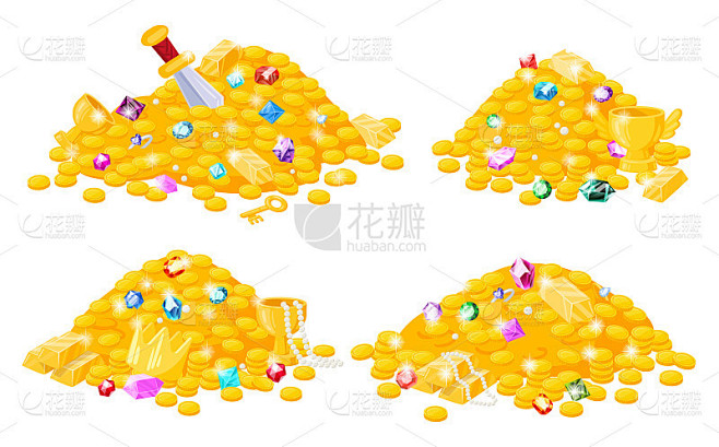 卡通海盗宝藏，金币，宝石，王冠，剑，珠宝。海盗宝藏黄金堆，皇冠，水晶宝石矢量插图集。童话的财宝堆图片_其他图片图片素材-花瓣网