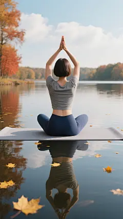 写实风格瑜伽人物摄影，一位女性背部视角，短发，身着灰色短袖上衣与深蓝色紧身瑜伽裤，呈莲花坐姿，双臂向上伸展合十，动作舒展自然。她静坐于铺在平静水面上的浅灰色瑜伽垫上，水面清晰倒映出人物轮廓。背景改为秋日景象，天空呈现柔和的淡蓝色与白色云朵交织，水面泛着微光，周围点缀着飘落的金黄枫叶，岸边可见些许橙红色的秋树，整体色调温暖而宁静，光影柔和，营造出平和、专注、与自然融合的秋日瑜伽氛围，画面构图简洁，主体突出，视觉层次分明，能在短时间内传达出宁静致远的核心意境。