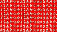 圣诞卡图案以木制装饰人物为主题，将新年庆祝孤立在红色背景上俯视，装饰性相同的物体排成一排。
