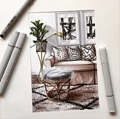 室内设计手绘，局部写实马克笔上色手绘。#环艺设计# ​​​​