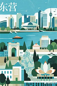 jimeng-2025-07-02-1718-“东营”，城市地标插画，基础几何图形拼接，画面包含：新世纪大门，清风湖，游船，市