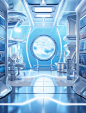 a futuristic space station that has a blue background, in the style of interior scenes, industrial and product design, transparent/translucent medium, light azure and white, studyplace, chen zhen, realistic color schemes