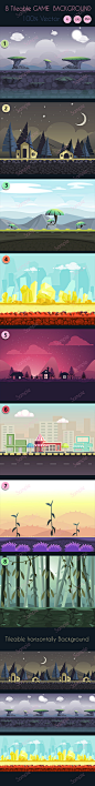 Tileable Game Backgrounds : Backgrounds inside this set are 2048x1536, 100% tileable horizontally and parallax ready. They are available in different formats such as: AI, EPS and PNG (full + layered backgrounds). Thanks to vector files, these backgrounds 