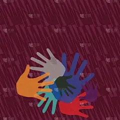 五颜六色的手标记不同的尺寸重叠重叠。团队力量展示、报告、家庭和艺术活动、咨询和海报的创意背景理念.