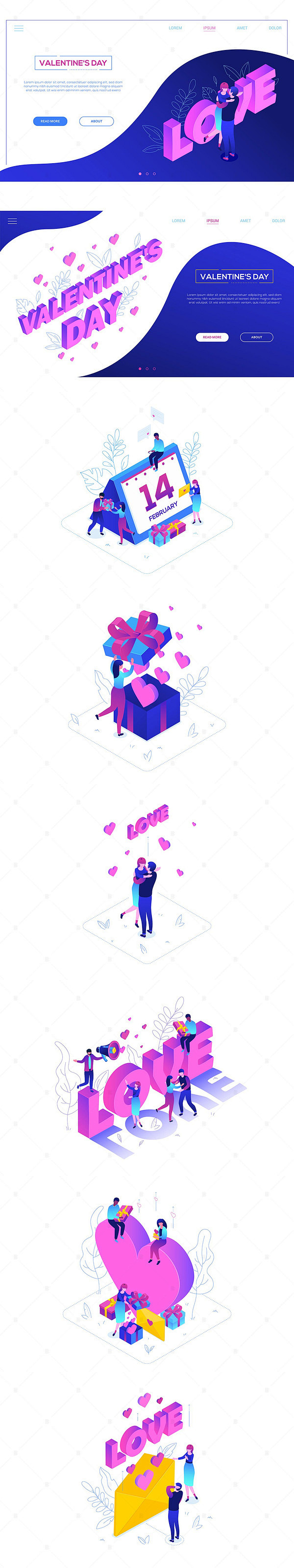2.5D插画 | 蓝紫色矢量情人节人物元...