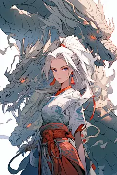 设图网水墨少女古风女孩和龙插画