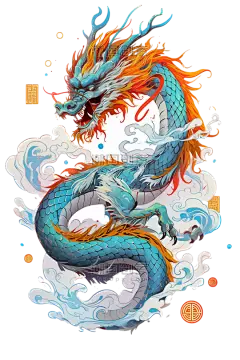 潮国创意龙年祥云水彩画手绘免抠元素